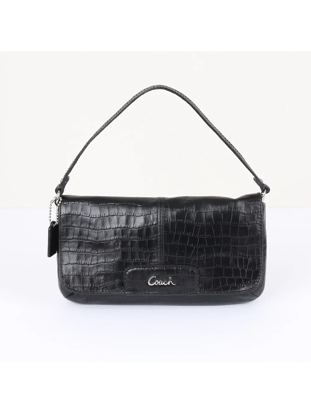 Coach Black Crocodile Embossed Leather Small Bag Silver Script Logo